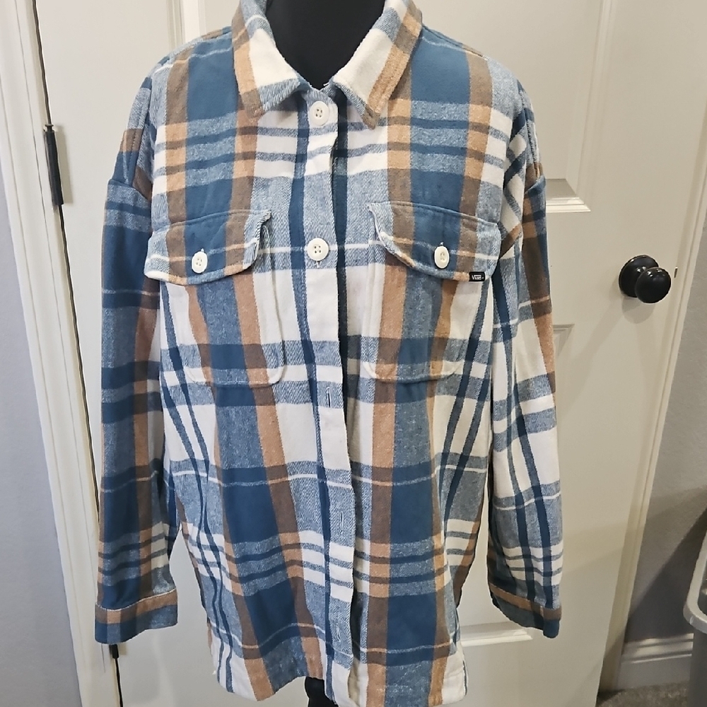 Vans Blue, Tan and White Checkered Flannel Button Down Shirt
